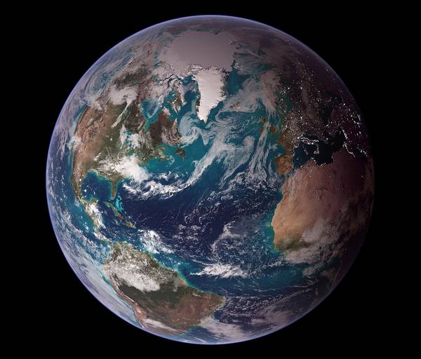 Quelle: NASA 2002 Die blau leuchtende Erdkugel mit Wolkenbändern vor dem Hintergrund des dunklen Weltalls